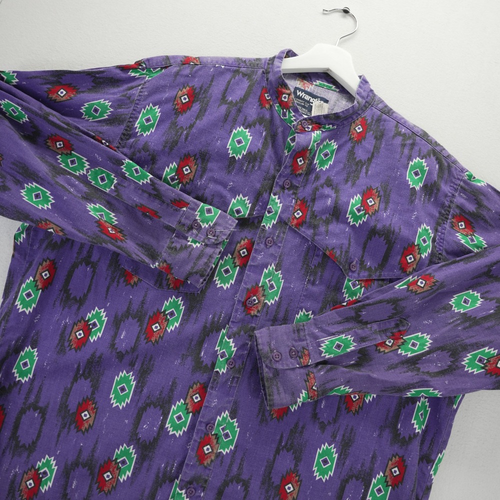 Vintage Wrangler Cowboy Cut Aztec Western Shirt Purple Made in USA 18-36 XL